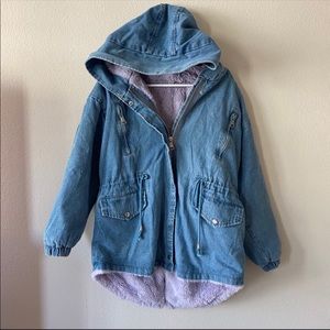 Fur-lined denim parka